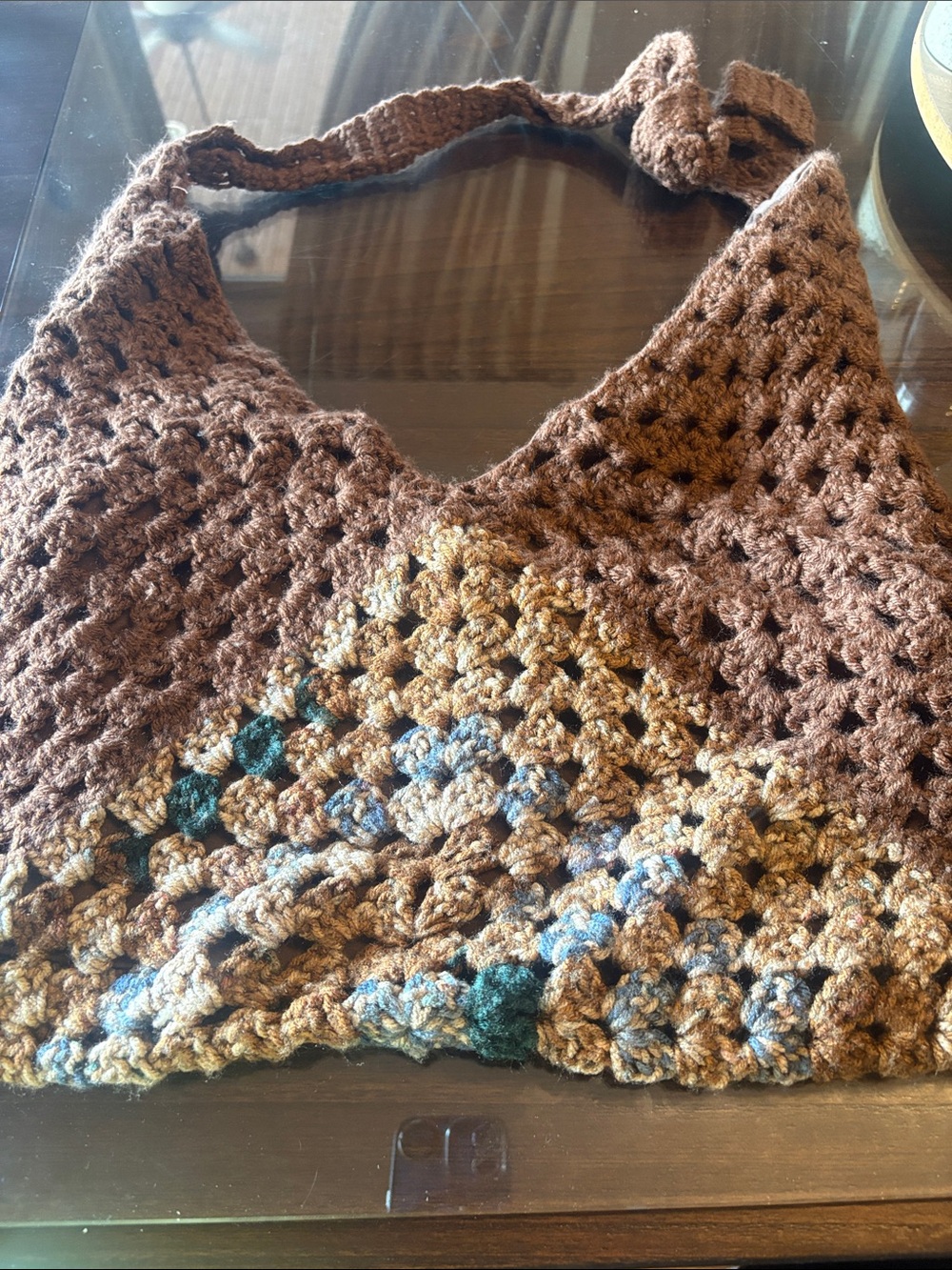 Handmade Crochet Shoulder Bag in Brown with Multicolor Accents